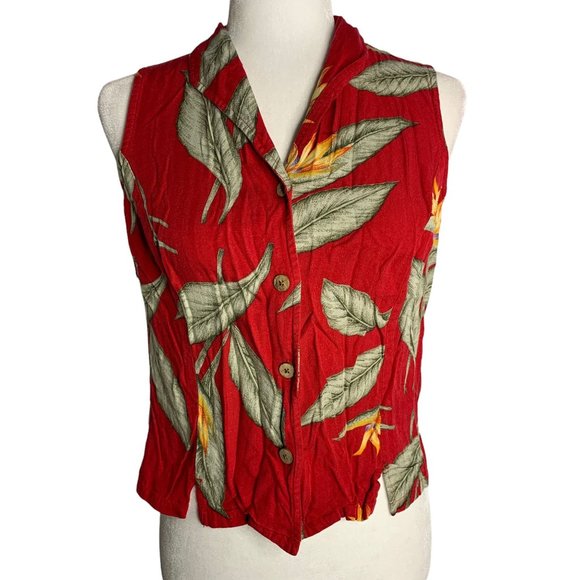 Sunset Cove Tops - Vintage Sunset Cove Hawaiian Top M Red Floral Sleeveless Button Up Collar